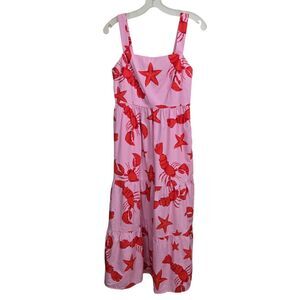 J CREW Pink Red Lobster Print Maxi Dress Sz 2 Square Neck Cotton Smocked tiered